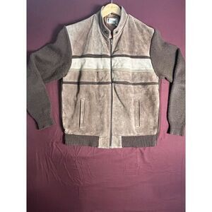 Vintage Bronzini Ward Brown Suede Leather‎ & Cable Knit Acrylic Jacket Size LG